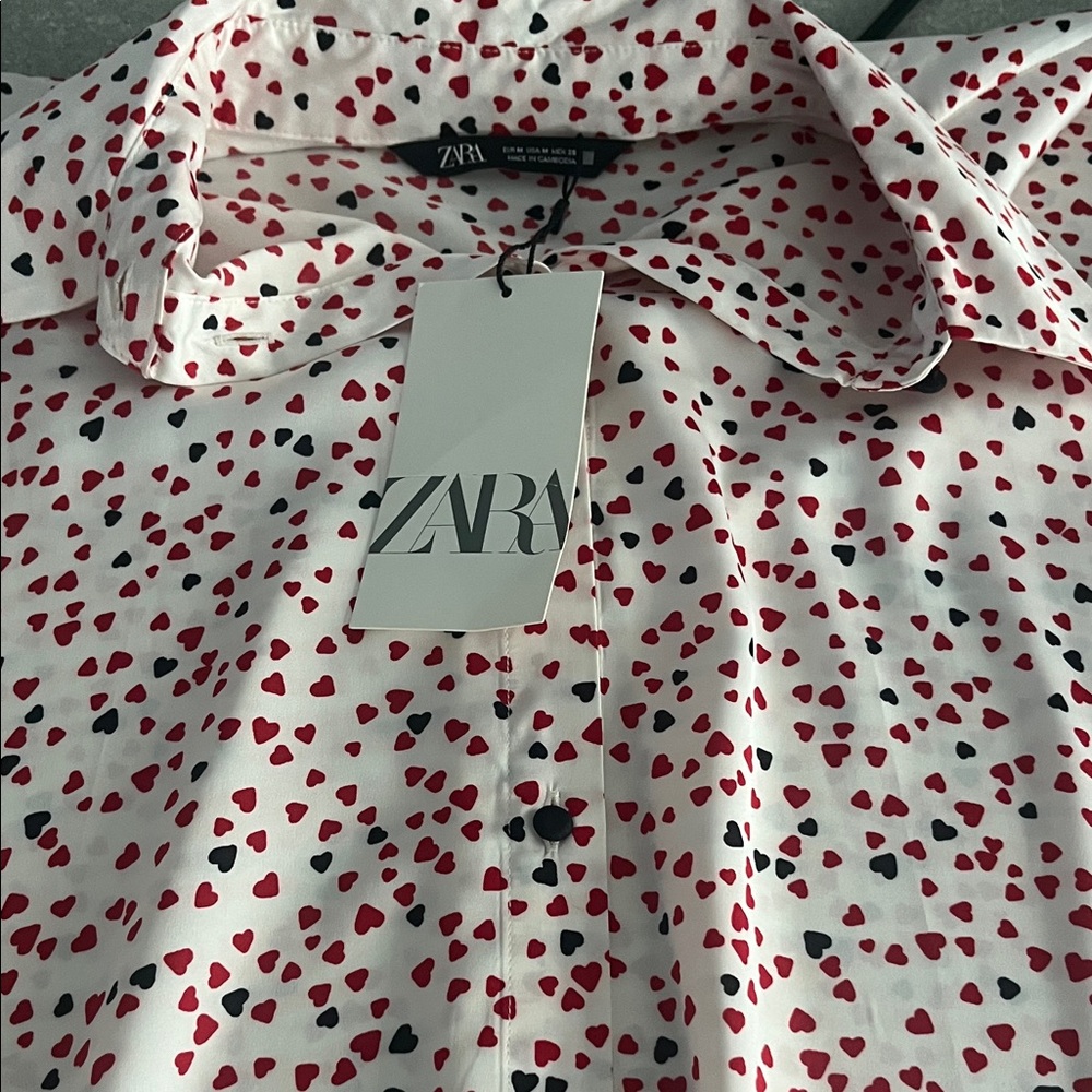 ZARA White Shirt with Red and Black Heart Pattern